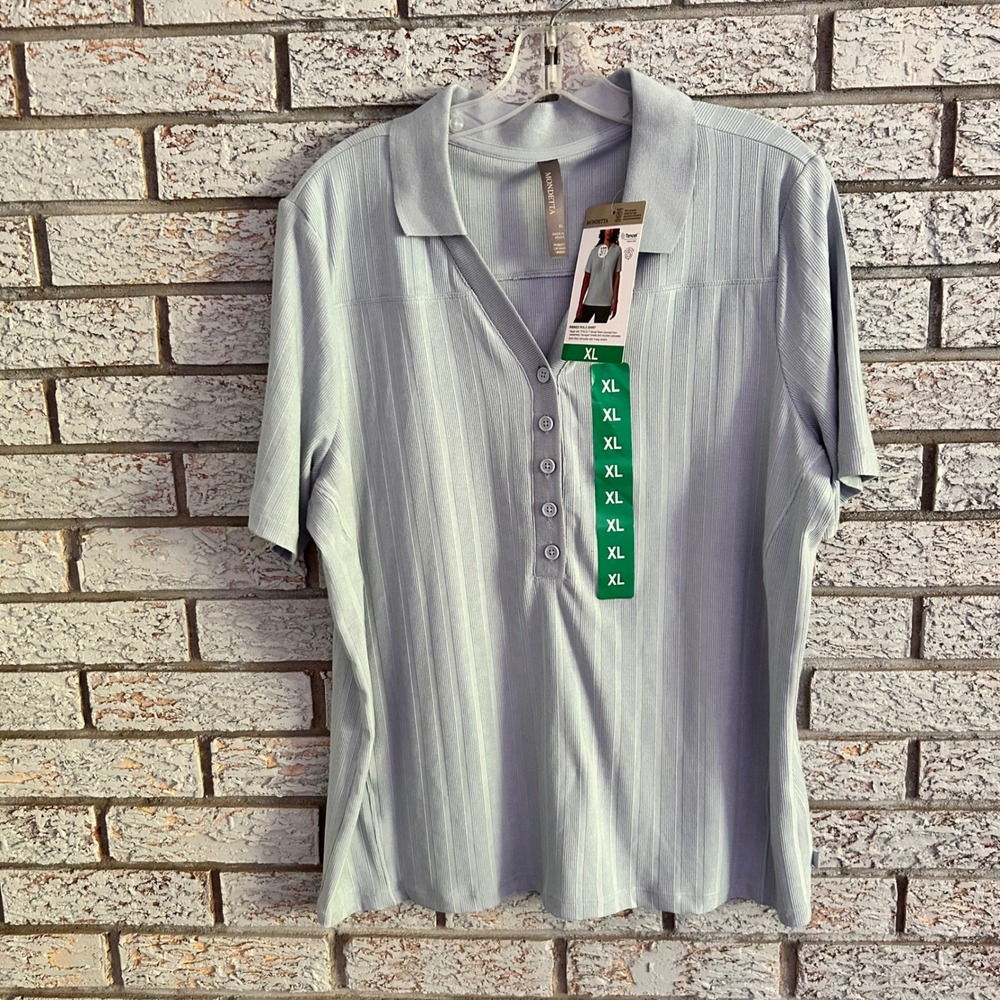 Mondetta Ribbed Polo Shirt Womens XL Light Blue Tencel Modal‎ Short Sleeve NWT